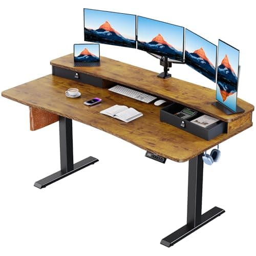 HUANUO 60″ x 30″ Electric Standing Desk with 2 Drawers, C-Clamp Mount Compatible, Height Adjustable Computer Desk, Home Office Stand Up Desk with 4 Preset Heights & 2 Hooks, Vintage Brown