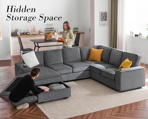 PaPaJet U Shaped Couch, 112 Inch Oversized Couch with Storage Chaise, Sectional Sofa with Cup Holders & 2 USB Ports, Corduroy Grey Sofa 5