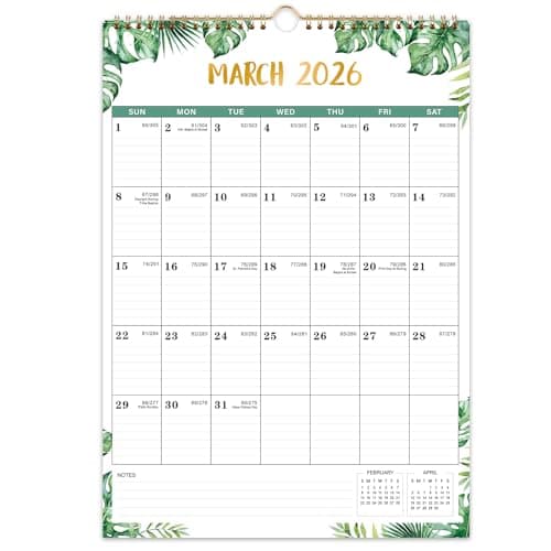 2026 Calendar - 2026 Wall Calendar Vertical, March 2026 - December 2026, 12" x 17", Large Calendars 2026 with Julian Dates, Twin-Wire Binding