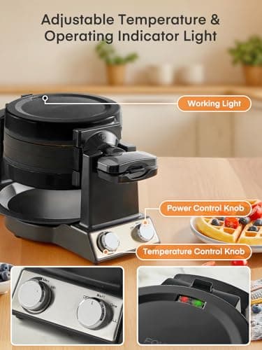 FOHERE 2-in-1 Omelette Maker&Waffle Maker, 1400W Omelet Maker 180° Flip, Adjustable Browning Control, Non-Removable & Nonstick Pans, Make Two Omelet and One Waffle at Once for Home (Dark Black) 6