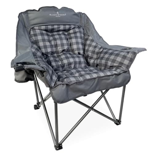 Black Sierra Plush XL Padded Camping Chair for Adults, Oversized Heavy Duty Folding Camp Chair Supports 400 lbs, Plush Seat with Cup Holders & Carry Bag for Camping, Tailgating, Patio, RV