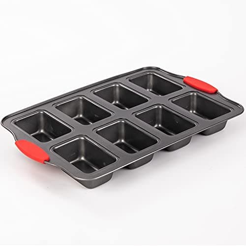 PLAZOTTA 2 Packs 8 Cavity Non-Stock Mini Loaf Pan with Silicone Handle, Mini Bread Loaf Baking Pan Mini Brownie Pan Cheesecake Mould Rectangular Bar 8