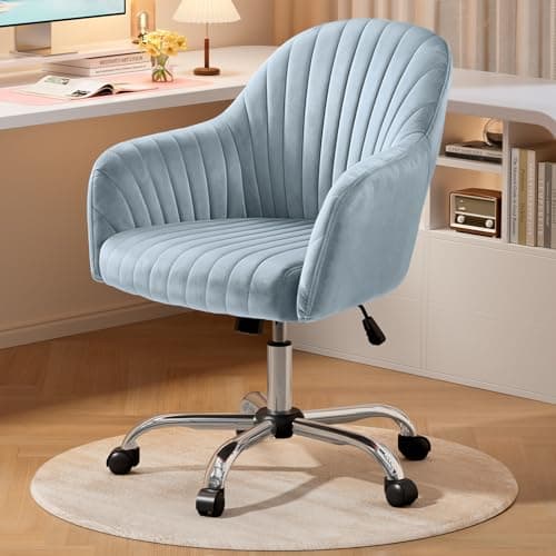Warmiehomy Velvet Desk Chair for Home Office, Modern Adjustable Swivel Task Chair, Women Vanity Chairs with Arm Rest for Bedroom Dressing Room, Light Blue