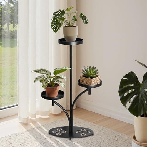 XZHXZH,Indoor 3 Tier Black Plant Stand, Tall Metal Plant Stand, Heavy-duty Base in the Shape of a Four-leaf Clover, Layered Modern Flower Pot Rack, Suitable for Courtyards, Patios, Living Rooms, Bedrooms