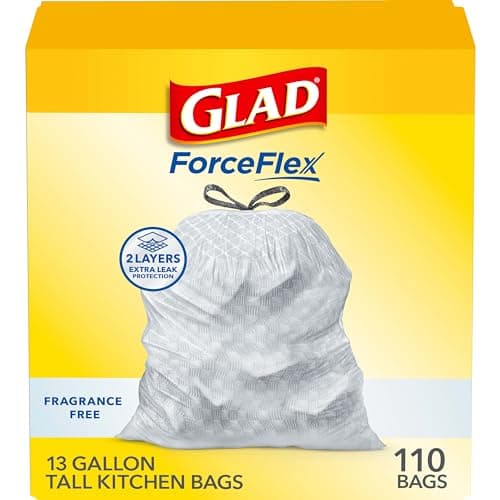 Glad ForceFlex Tall Kitchen Drawstring Trash Bags, 13 Gal, Fragrance Free, 110 Ct (Package May Vary)