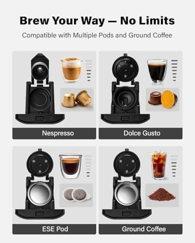 KIDISLE 20 Bar Espresso Machine, Compatible with Nespresso Original & Dolce Gusto Capsules, Ground Coffee & ESE Pods, 47.3oz Tank, One-Touch Boil, Smart Controls, Drip Tray & Storage 2