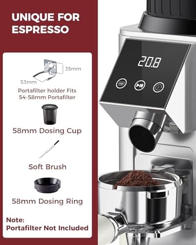 Tuni G1 Conical Burr Coffee Grinder, 48 Grind Settings Anti-static Burr Mill, Precision Electronic Timer and LED Touchscreen for Espresso/Drip/Cold Brew/French Press, Stainless Steel, Silver 6