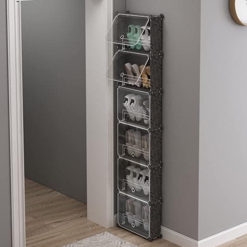 MAGINELS 6 Tier Shoe Rack Organizer with Cover, Slim Shoe Storage Cabinet, Behind The Door, Narrow Shoe Shelf for Closet, entryway, Black
