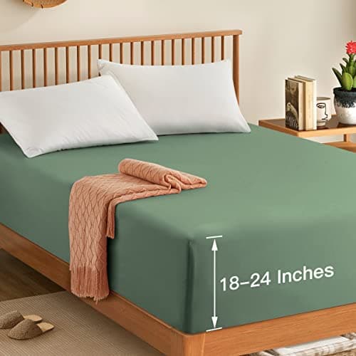 Manyshofu Cal King Extra Deep Pocket Fitted Sheet Only - 1800 Thread Count Hotel Deep Fitted Sheet Up to 24 Inches Mattress, Sage Green Bottom Sheet 18-24 Inch Thick & Deep Cal King Mattress Sheets