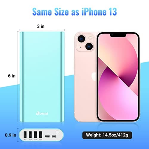BONAI Portable Charger 20000mAh Power Bank 4 USB Output & Dual Input, Aluminum Polymer External Battery Pack for Road Trip Camping Compatible with iPhone iPad Smartphone Tablet etc. - Mint 5