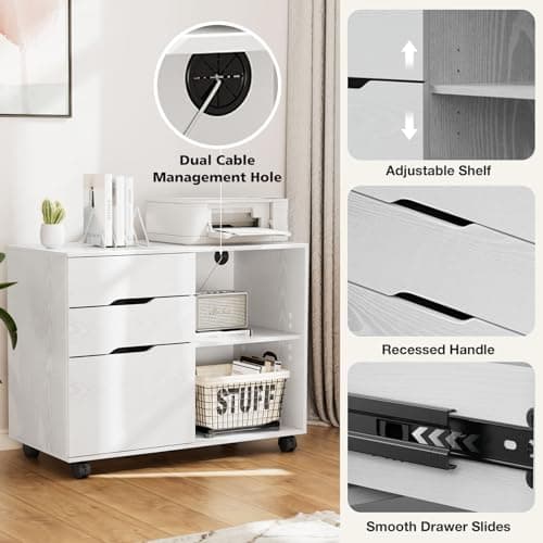 DUMOS File Cabinet 3 Drawer - Storage Filing Cabinets Office Drawers White Printer Stand Lateral Mobile Under Desk Organizer Wooden with Wheels Adjustable Shelves for Home, Room, Small Spaces, White 6