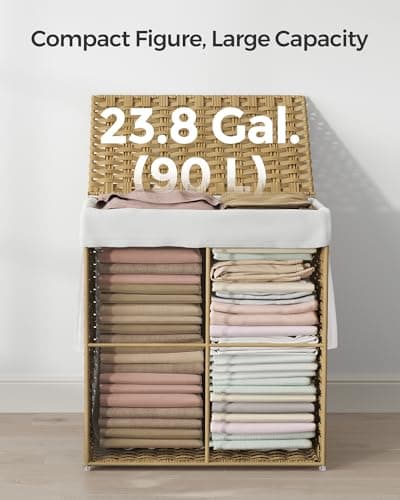 SONGMICS Laundry Hamper with Lid, 23.8 Gallon (90 L) Synthetic Rattan Clothes Laundry Basket with Lid and Handles, Foldable, Removable Liner, Goose Yellow ULCB51NL 5