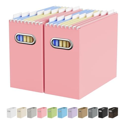 Oterri File Organizer Box, Portable Collapsible Cardboard File Folder Organizer with Handle for Letter Size Hanging Files, Document Storage Box for Home Office & Classroom (2 Packs, Pink)