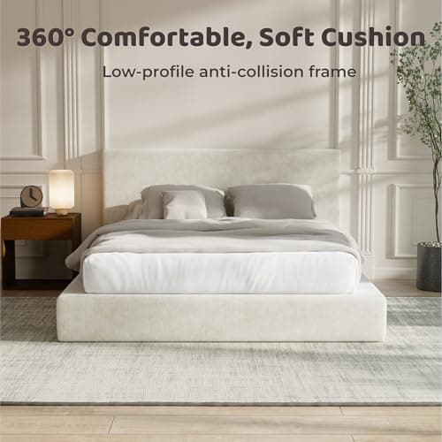 RECCI Cloud Upholstered Queen Bed Frame with Headboard, 5 Inch Foam Padded Platform, No Box Spring, Easy Assembly(Cream) 6
