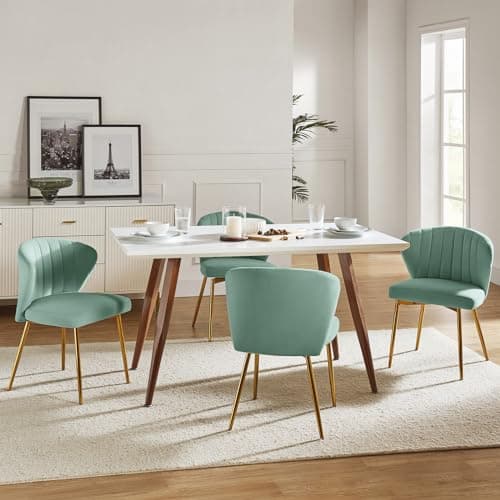 HULALA HOME Velvet Dining Chairs, Modern Small Armless Accent Chair with Gold Metal Legs, Living Room Upholstered Cute Side Chair, Elegant Tufted Back Vanity Chair for Bedroom/Beauty Room-SAGE 10