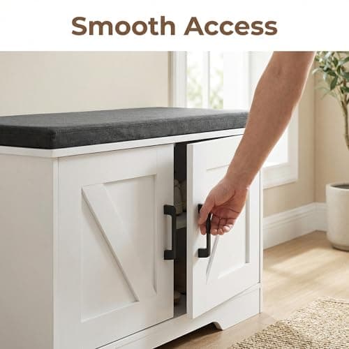 HOMSHO 2-Tier Storage Bench, 27.6" Wide Shoe Bench with Padded Seat Cushion, Entryway Bench with 2 Barn Doors and Adjustable Shelf, White 7