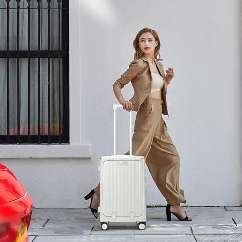 Traveler Mars Hard Carry On Suitcase with Front Pocket,Airline Approved Zipperless Luggage with USB Port and Cup Holder,TSA Lock (White, Carry-On 20-Inch) 9