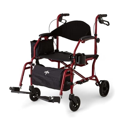Medline Red Combination Rollator and Transport Chair, Desk-Length Arms, Swing Away Footrests, Red Frame