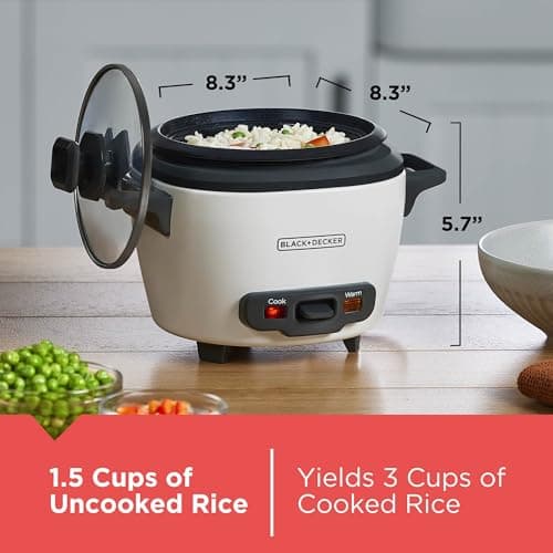 BLACK+DECKER 3-Cup Rice Cooker, RC503, 1.5-cup Uncooked Rice, Steaming Basket, Removable Non-Stick Bowl, One Touch, White 7