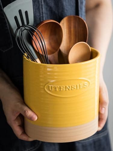 YHOSSEUN Kitchen Utensil Holder for Countertop, Ceramic Utensil Holder for Kitchen Counter, Cooking Utensil Crock for Spatula, Oval Shape, Yellow 6