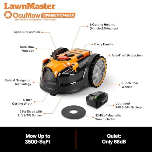 LawnMaster OcuMow™ VBRM601YCM MAX Perimeter Wire Free Robot Lawn Mower Cuts Small Lawns 2000-3500 Square Feet with Optical Navigation, Obstacle Avoidance, Low Noise and No Go Function 9