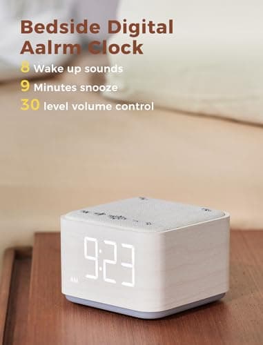 Sound Machine Alarm Clock for Bedroom: 5W Stereo Bluetooth Speaker - 25 Soothing Sounds - 8 Alarm Sounds - 8 Night Light - Noise Machine for Sleeping - Wood 5