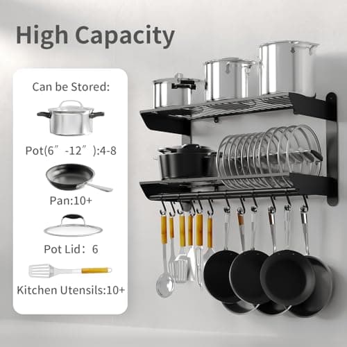 Taozun 30 Inch Pot and Pan Organizer, 2 Tier Heavy Duty Pot Rack Wall Mounted with 12 Hooks, Kitchen Cookware Utensils Hanger Organizers and Storage 4