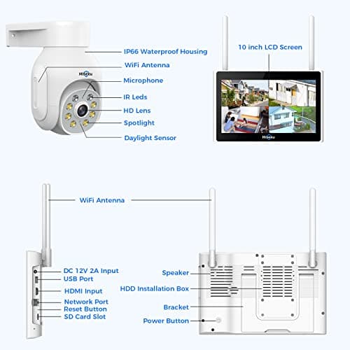 Hiseeu Wireless Security Camera System, 4PCS 5MP Outdoor Camera with 10in LCD 1T HDD, 2-Way Audio, PTZ, Color Night Vision, Motion Alert, IP66 Waterproof, Auto Tracking, 2.4G WiFi, No Monthly Fee 7