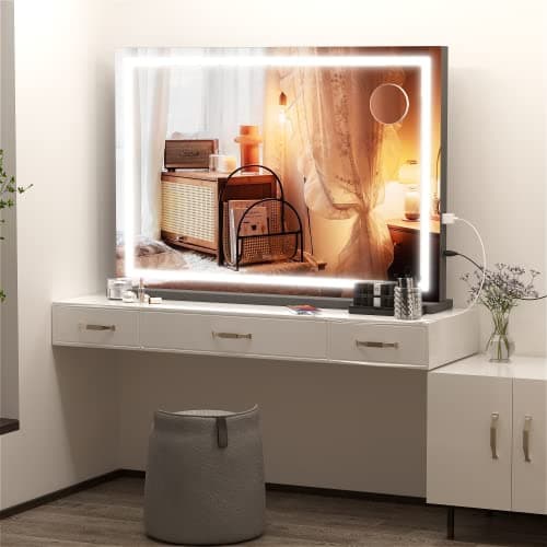 Hasipu Vanity Mirror with Lights, 32" x 22" LED Makeup Mirror, Lighted Makeup Mirror with Dimmable 3 Modes, Touch Screen Control Vanity Mirror Square Black 6