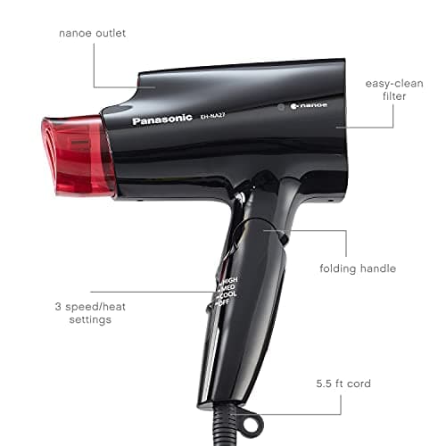 Panasonic nanoe Compact Hair Dryer for Healthy-Looking Hair, 1400W Portable, Folding Handling and QuickDry Nozzle for Fast Drying – EH-NA27-K (Black/Pink) 8