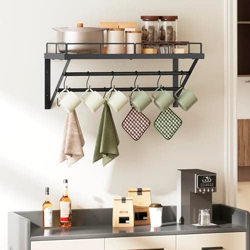 YATINEY Wall Mounted Pot Rack, 23.8 Inch Pot and Pan Organizer with 2 Tier Hanging Rails, 12 S-Hooks, Metal Pot Rack for Kitchen Cookware Organizer, Space Saving, for Kitchen Utensils, Black PR01BK 7