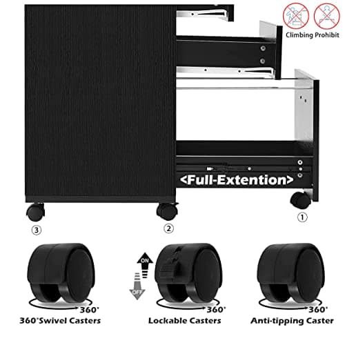 Panana 3 Drawer Wood Mobile File Cabinet, Under Desk Storage Drawers Small File Cabinet for Home Office (Black) 7