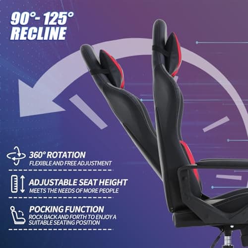 Gaming Chair High-Back Office Chair Ergonomic Video Game Chairs Height Adjustable Reclining Computer Chair with Lumbar Support Armrest Headrest Swivel Chair Game Chair for Adult Teen - Red 6