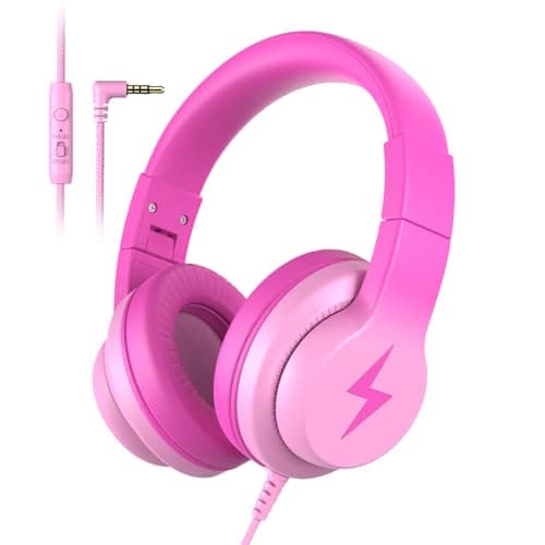 Candy Bila Kids Headphones, Wired Headphones for Kids Over Ear with Microphone, 85/94dB Volume Limiter Headphone for Girls Boys, Foldable Headphone for Learning & Entertainment, Gradient Deep Pink