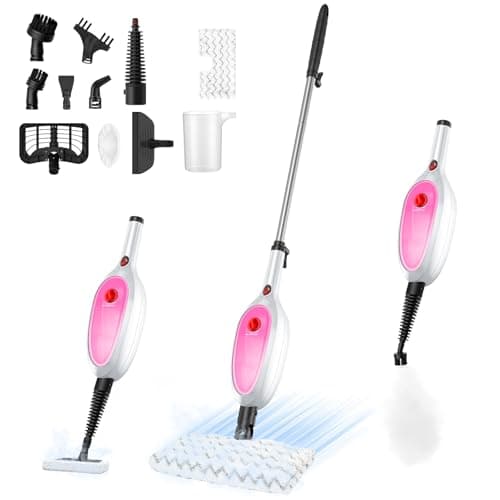 Steam Mop, Detachable Handheld Steam Cleaner with 10-in-1 Multipurpose Accessories, Two-sided Mop, Double Cleaning Area, Multi Surfaces Steamer for Wood Floor, Tile, Window, Clothes, Furniture & Grout