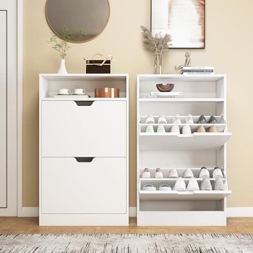 KUMIUNION Shoe Storage Cabinet with 2 Flip Drawers, Slim Freestanding Storage Racks for Entryway, Hallway, Hidden Narrow Shoe Organizers Perfect for Heels, Boots, Slippers, White 10