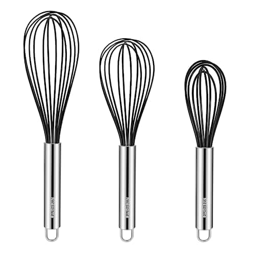 NileHome Whisk Commercial Whisks Stainless Steel & Silicone Non-Stick Coated Small Whisk Set 8" 10" 12" Kitchen Wisk Wire Whisks for Cooking 3 Pack, Black
