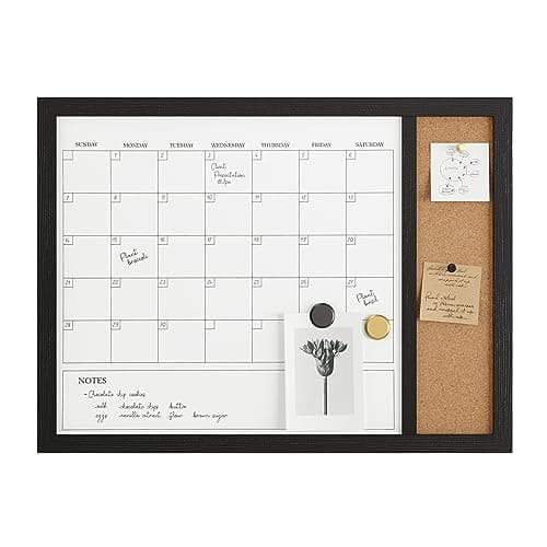 Martha Stewart Everette Magnetic Dry Erase Monthly Calendar and Cork Board Combo with Included Marker, Magnets, and Push Pins, 24"x18", Black Woodgrain Frame 11
