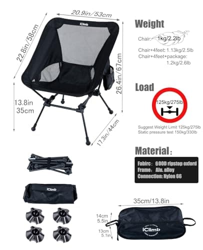 iClimb Ultralight Compact Camping Folding Beach Chair with Anti-Sinking Large Feet and Back Support Webbing (Black - Square Frame) 3