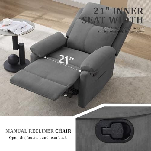 Korser Recliner Chair, Manual Recliner for Adults with Side Pocket, Small Recliners for Small Spaces, Adjustable Comfy Overstuffed Corduroy Reclining Chairs for Living Room, Reading, Bedroom, Grey 7