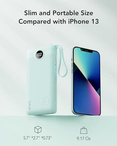 VRURC Portable Charger for iPhone, Compact Travel Power Bank 10000mAh, USB C Battery Pack 4 Outputs 3 Inputs, Slim Phone Charger with Cables for iPhone 17 16 15 14 13,Samsung Galaxy-Green(1 Pack) 5