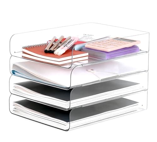 LALOBLUE Stackable Letter Tray Desk Organizer, Set of 4 Clear PET Paper & File Organizers, Document Storage for Office Supplies