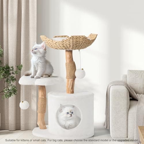 Modern Cat Tree, Wood Cat Tree Tower for Small Cats, Luxury Cat Condo with Scratching Posts and Flower Platforms, Cat Furniture by Easyego, (White) 8