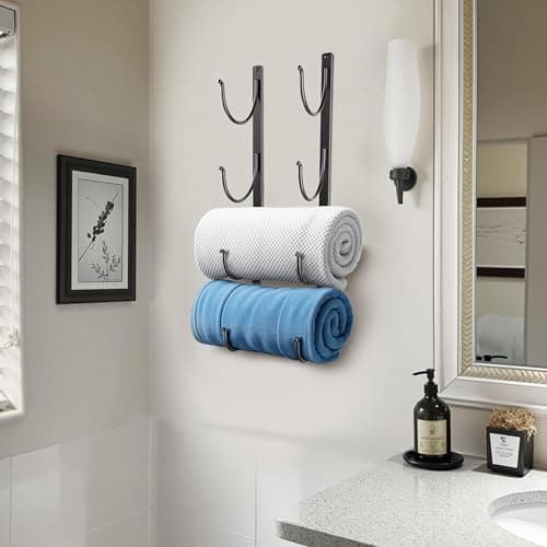 Bathroom Rolled Towel Rack: 4-Tier Wall Mounted Towel Storage Holder, Hanging Organizer for Towels, Blankets, Large Bath Sheets, Space Saving in RV, Closet, Toilet, Cabinet, Black Metal 9