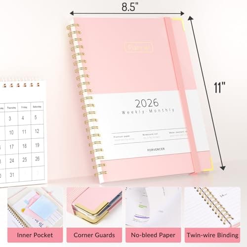 Forvencer 2026 Planner, Hardcover Calendar Planner Weekly and Monthly, Jan 2026 - Dec 2026, 8.5" x 11", Spiral Daily Organizer for Home School, Pink 5