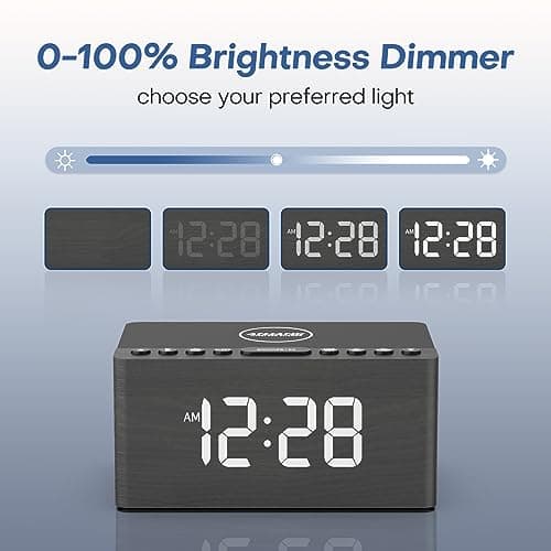 ANJANK Wooden Bluetooth Speaker, Alarm Clock with FM Radio, Qi Certified Fast Wireless Charging Station for iPhone/Samsung, USB Charger Port, Dimmable Display, Digital Wood Clock for Bedroom, Bedside 7