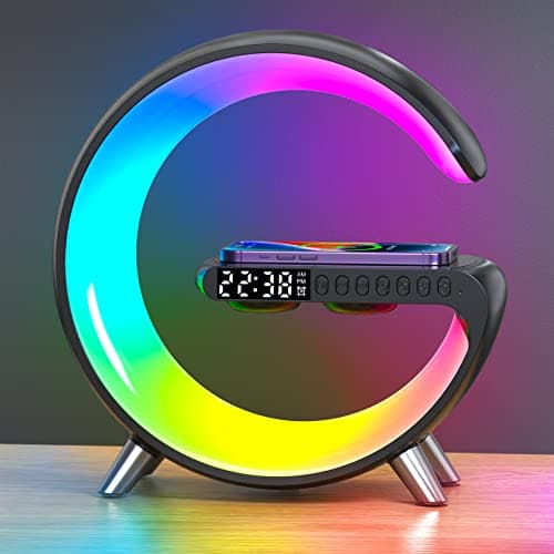 Smart Wireless Charging Alarm Clock with Bluetooth Speaker, App Controlled Bedside Lamp Table Light and Night Light, Bedroom Home Decor, Gift for Girls Boys and Family for Birthday Christmas (Black)