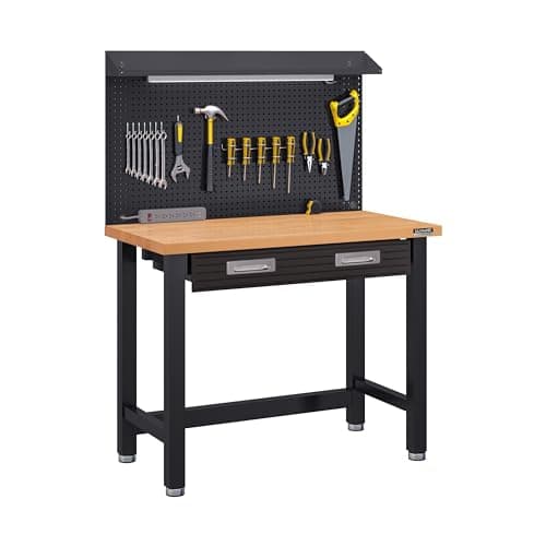 Seville Classics UltraHD Heavy Duty Commercial Lighted Workcenter w/Pegboard, 500 lbs. Weight Capacity for Garage, Warehouse, Workshop, Solid Wood Top, Graphite, 48" W x 24" D x 65.5" H 11