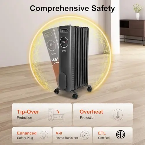 hykolity Electric Oil Filled Radiator, 1500W Portable Full Room Radiant Space Heater with Adjustable Thermostat, Remote, Led Display, Child Lock, Overheat & Tip-Over Protection, 24H Timer, Grey 5