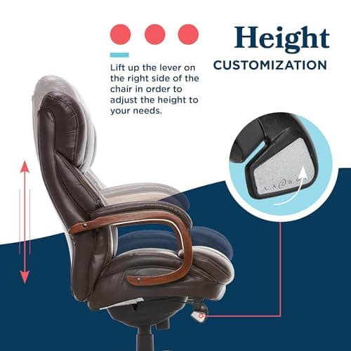 La-Z-Boy® Fairmont Big and Tall Executive Office Chair with Memory Foam Cushions, High-Back Swivel Desk Chair with Wood Arms and Base, Bonded Leather, Brown 8